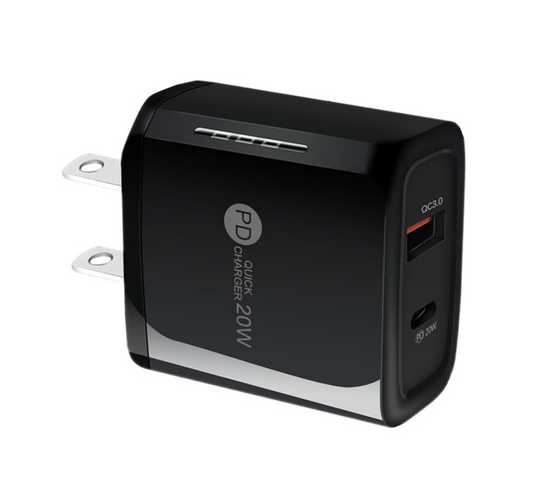 20W Dual Port PD Wall Charger – USB-C & USB-A (US Plug Fitting)